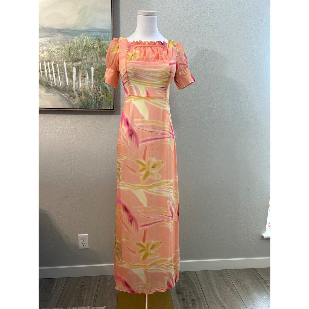 Handmade Vintage Peach Watercolor Maxi Dress Cottagecore Fairycore Romantic XS